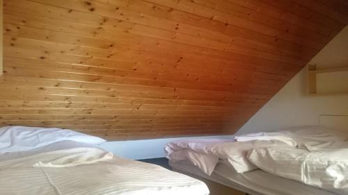two beds in a room with a wooden wall at Pension Harcovna in Frýdlant nad Ostravicí