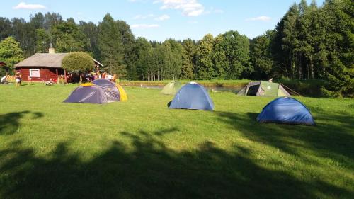 a group of tents sitting in the grass in a field at Brīvdienu māja Skerškāni in Krāslava