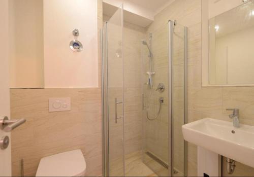 a bathroom with a shower and a toilet and a sink at Appartment Ferienwohnung mit großer Terrasse Ohlerich Speicher Wismar in Wismar