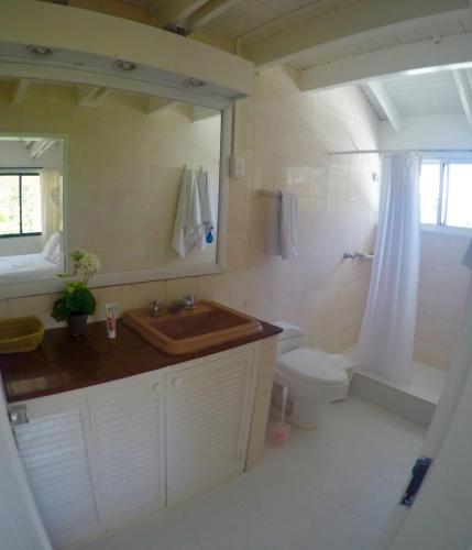 a bathroom with a sink and a toilet and a mirror at Ocean View Sai in San Andrés