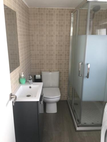 a bathroom with a toilet and a sink and a shower at Castro Sun And Beach in Castro-Urdiales