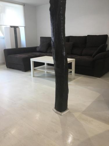 a living room with a black couch and a tree at Castro Sun And Beach in Castro-Urdiales