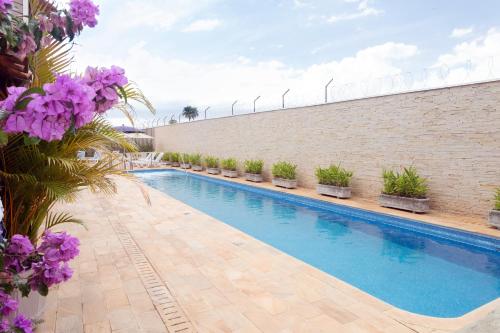 a swimming pool with purple flowers next to a brick wall at 50+ Hotel Flat in Sao Jose do Rio Preto