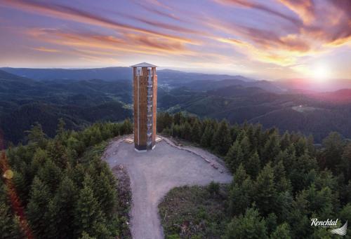 an aerial view of a tower on top of a mountain at Hotel Restaurant Rebstock in Oppenau