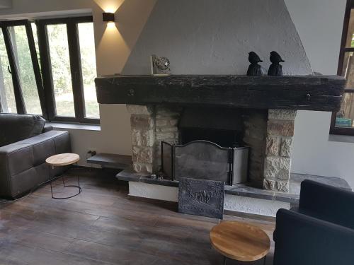 a living room with a fireplace and a couch at Forester in Malmedy