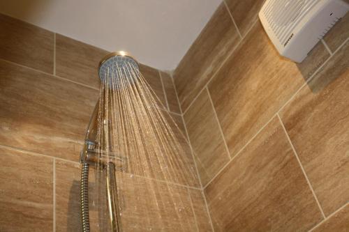 y baño con ducha con cabezal de ducha. en Twin Oaks Hotel, en Chesterfield