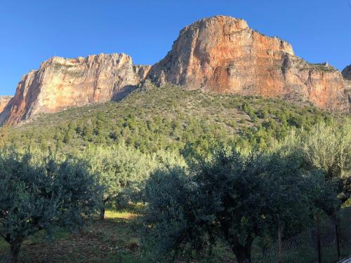 a view of a mountain with trees in the foreground at Leonidio Climb2red home in Leonidion