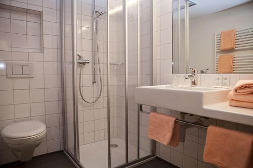 a bathroom with a shower and a toilet and a sink at Gasthaus Löwen in Hemberg