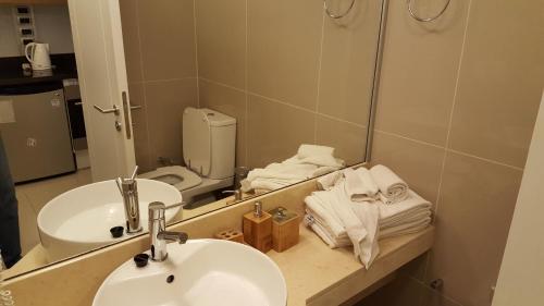 a bathroom with a sink and a toilet and a mirror at Green Park in Punta del Este