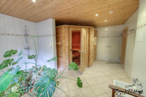 a bathroom with a shower and a wooden ceiling at Ferienanlage Zum Wildbach Schierke in Schierke