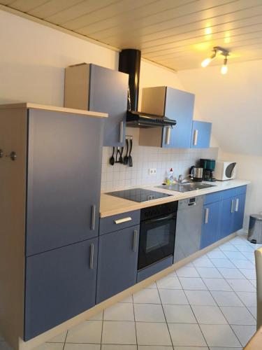 uma cozinha com armários azuis e um forno com placa de fogão em Ferienwohnung Schmeisser em Kirchenpingarten