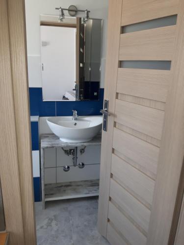 a bathroom with a sink and a mirror at Apartmani Dalmacjia in Grebaštica