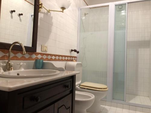 La salle de bains est pourvue d'un lavabo, de toilettes et d'une douche. dans l'établissement LA CASA DI ANDREA, à Taormine