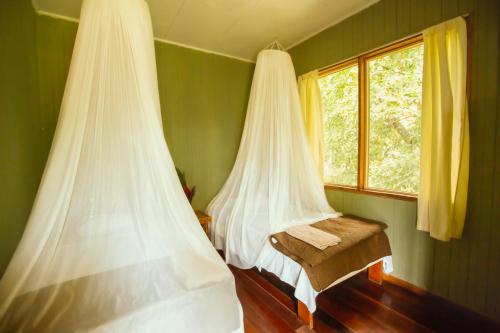 2 łóżka w zielonym pokoju z oknem w obiekcie Casa Grande at Pacuare Reserve w mieście Matina