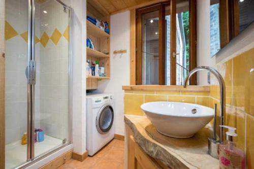 a bathroom with a sink and a washing machine at Résidence Mont Joly2 in Saint-Gervais-les-Bains