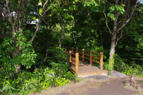 a wooden bridge in the middle of a forest at Iwanai Kogen Hotel in Iwanai