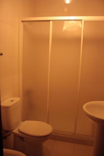 a bathroom with a shower with a toilet and a sink at Casa do Notário in Amares