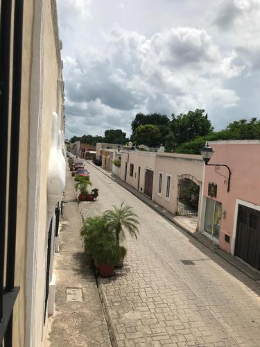 an empty street with plants on the side of a building at Verde Morada in Valladolid