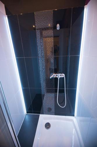 a bathroom with a shower with a white bath tub at Greg&Tom Beer House Hostel in Kraków