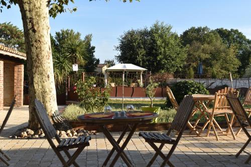 a table and chairs in a garden with a table at Mas d'Asvin & Spa in Saint-Christol-lès-Alès