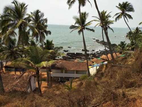 a house on a hill with palm trees and the ocean at Om Ganesh Naik Guest House in Arambol