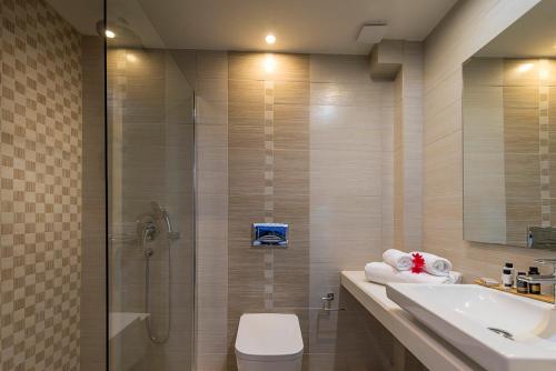 a bathroom with a shower and a toilet and a sink at Albatros Hotel in Sivota