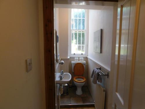 baño con aseo y lavabo y ventana en Fountainbridge Flat, en Edimburgo