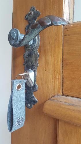 a metal door latch on a wooden door at Chalet Waldperle in Arosa