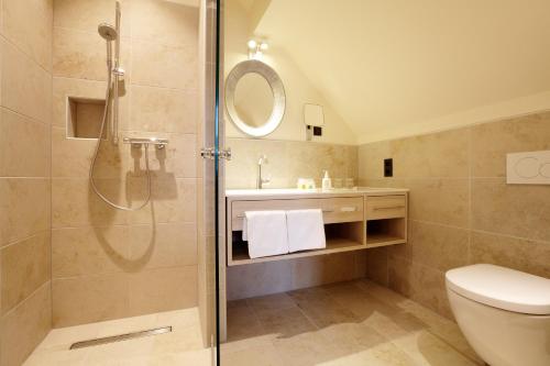 a bathroom with a shower and a toilet and a sink at Schmiede 7 in Beilngries