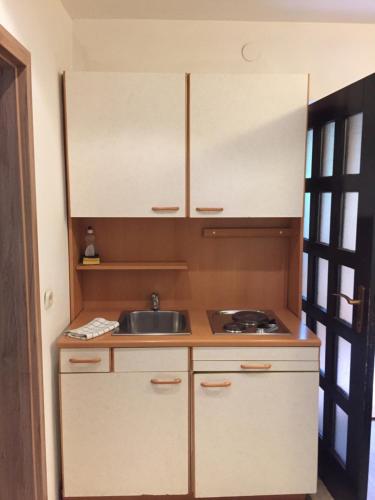 a small kitchen with white cabinets and a sink at Apartmaji in sobe Tina in Kranjska Gora