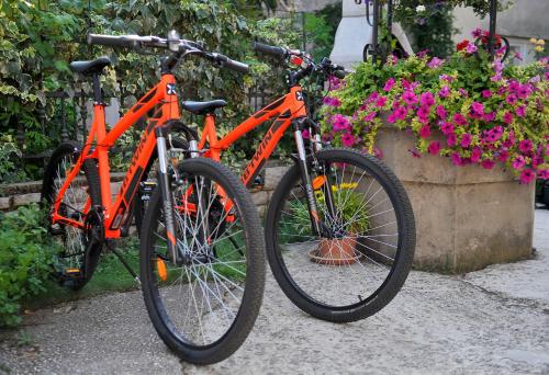 zwei orangefarbene Fahrräder nebeneinander geparkt in der Unterkunft Nadia's house in Pićan
