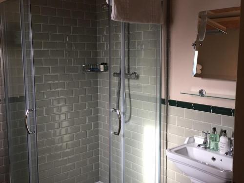 a bathroom with a shower and a sink at The Blackboys Inn in Framfield