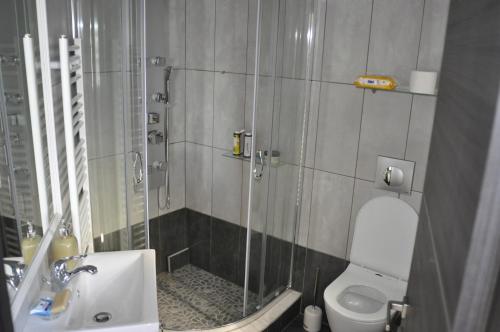 a bathroom with a shower and a toilet and a sink at Diamond View in Kavala