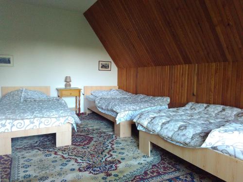 a bedroom with two beds and a rug at Vila Trtović in Nova Varoš