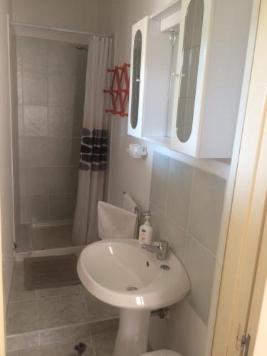 een badkamer met een witte wastafel en een douche bij Casa Vacanze Tursi in Tursi