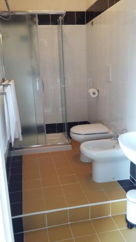 a bathroom with a shower and a toilet and a sink at La Ripa in Rocca San Felice