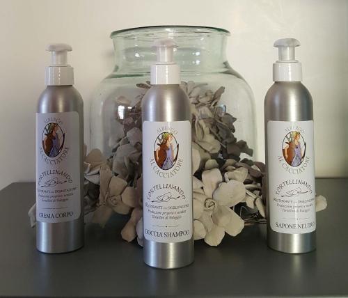 a group of three shampoo bottles sitting on a table at Albergo Al Cacciatore Tortellinando in Valeggio sul Mincio
