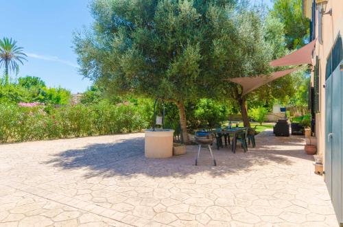 a patio with tables and chairs under a tree at Hort de Can Bou in Porreres