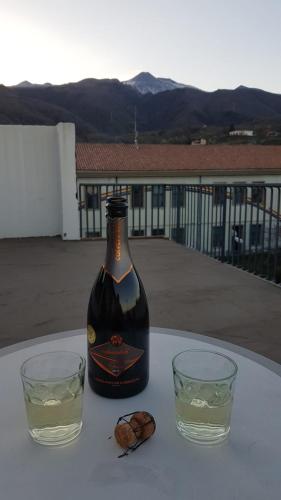 a bottle of wine and two glasses on a table at Cartoline Dall'Etna B&b in Zafferana Etnea