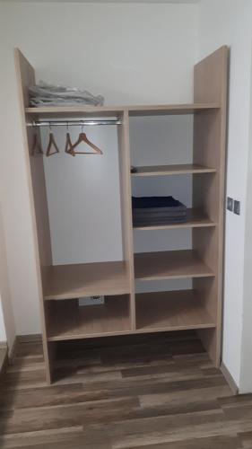 a closet with wooden shelves in a room at Tabor - Apartments Rozmanova Street in Ljubljana