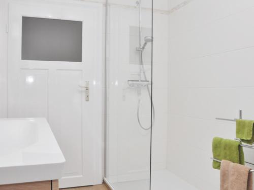 a bathroom with a shower with a glass door at Landhaus Bruckner in Bad Alexandersbad
