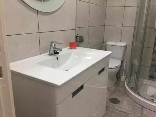 a bathroom with a sink and a toilet and a mirror at Invicta House Maia in Maia