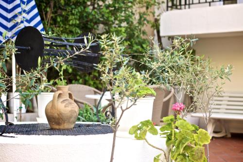 a vase sitting on a table next to some plants at Fortezza Hotel in Rethymno Town