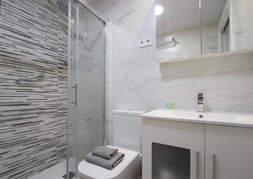 een badkamer met douche, toilet en wastafel bij R&E apartments in Torremolinos