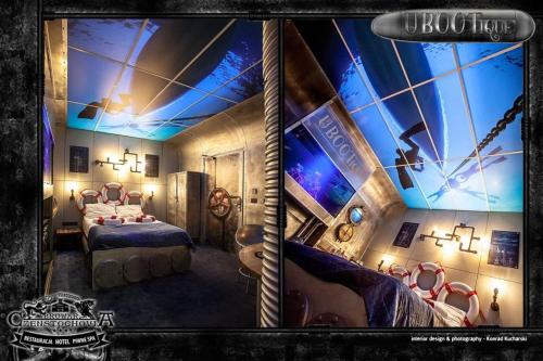 two pictures of a room with a bed and a ceiling at Browar CzenstochoviA Hotel&Spa in Częstochowa