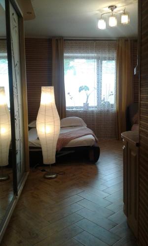 ein Schlafzimmer mit einem Bett und einer Lampe vor einem Fenster in der Unterkunft Апартаменты-студио in Izmail