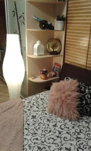 a room with a bed with a lamp and a rug at Апартаменты-студио in Izmail