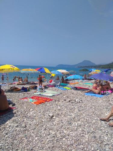 a group of people laying on a beach with umbrellas at Alise in Bar