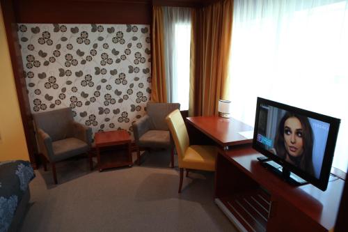 a living room with a television and a table and chairs at Garni Hotel Aleksandar in Novi Sad