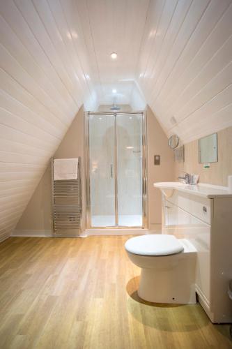 a attic bathroom with a toilet and a shower at Breckland Lodge in Attleborough
